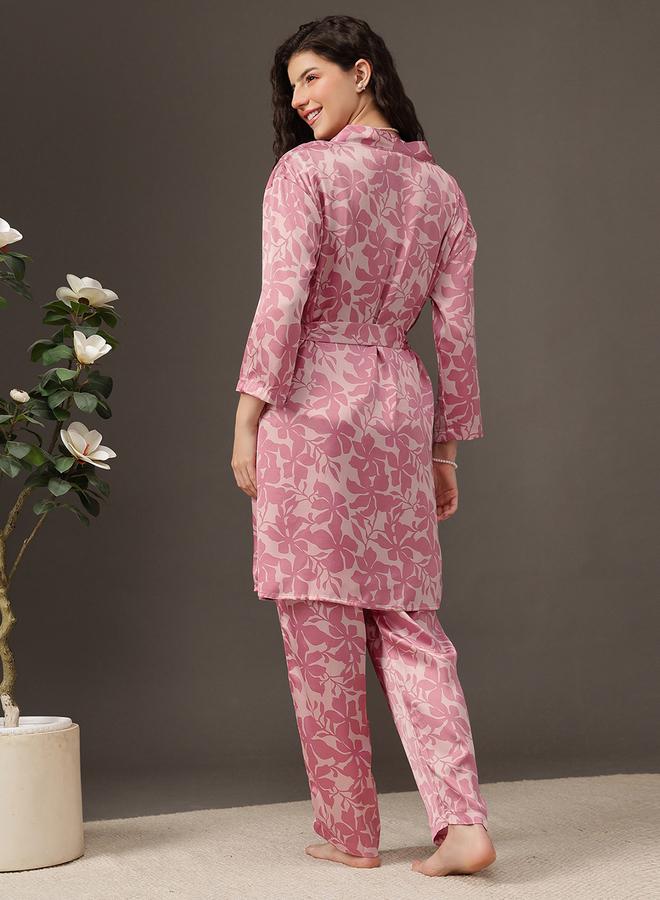 Clovia Pack of 3 - Floral Satin Cami, Robe and Pyjama - Image 4